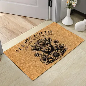 Funny "Hang With The Herd" Highland Cow Diatomaceous Earth Door Mat, Super Absorbent Quick Dry Non-Slip Floral Sunflower Welcome Rug for Entryway Bathroom Kitchen, Rustic Western Farmhouse Decor, Housewarming Gift