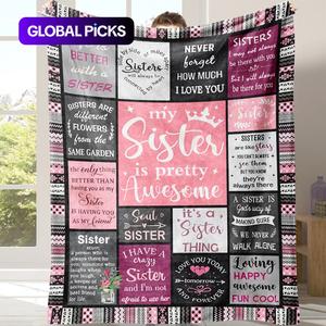 sisters letter pattern blanket with storage bag, 1 count soft comfortable throw blanket, room accessories warm napping love blanket for home office travel camping, bedroom accessories, bedroom decor