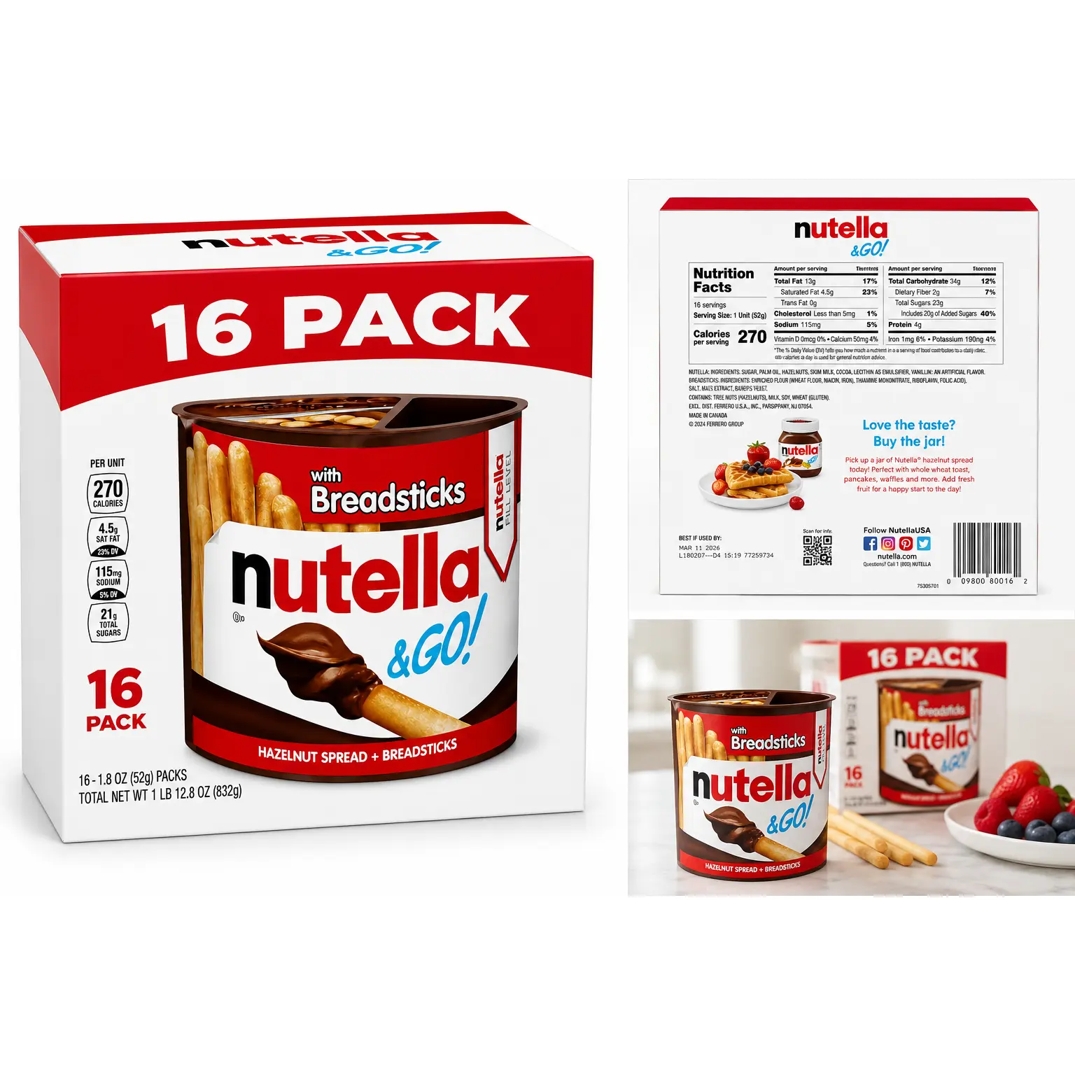 Nutella &GO! 16 Pack Hazelnut Spread with Breadsticks 1.8 oz Each Total 12.8 oz Perfect for On-the-Go Snacks