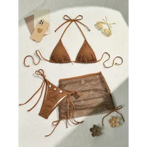 Solid Color Mesh 3pcs Bikini Set - Sexy, High Elasticity, Semi-Transparent | Shell Ornaments, Triangle Tie Neck, Ideal for Beach Vacation summer outfits