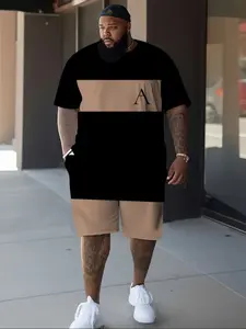 Men's Plus Size Two-Piece Set Short Sleeve T-Shirt & Casual Shorts, Colorblock, Fashion Print, Loose Fit, All Seasons