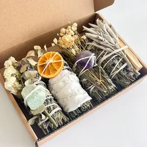Spiritual Smudge Kit – 4 Sage Bundles with Crystals, Palo Santo & Dried Flowers – Energy Cleansing Gift Set for Meditation, Relaxation, and Positive Vibes