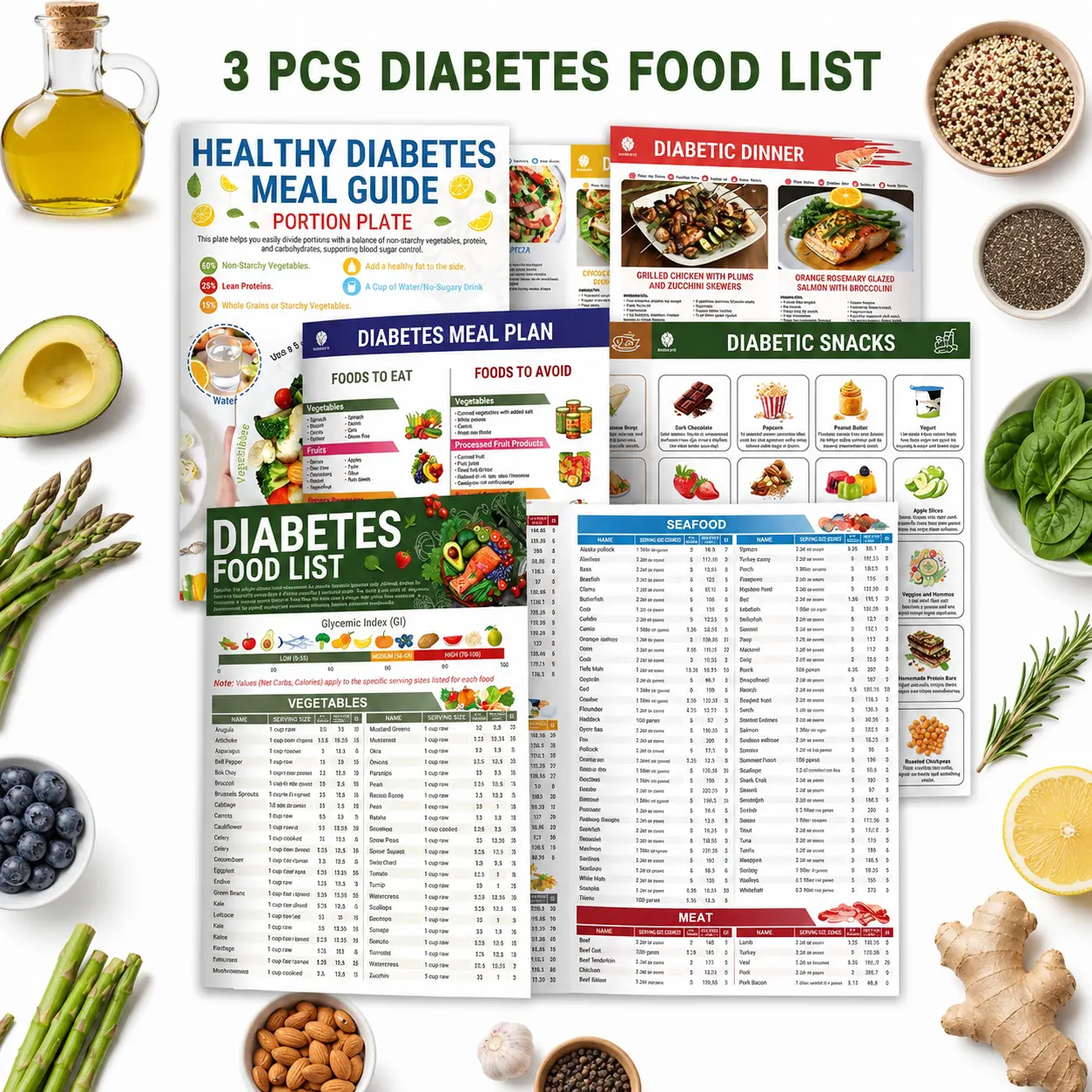 3-Pack Diabetic Food List and Meal Planner Chart, Glycemic Index Charts Contain Serving Size Carbs Calories Protein for Type 1 and 2 Diabetes