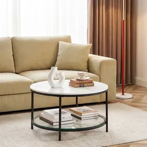 Marble Round Coffee Table with Glass for Living Room, 2-Tier Circle Coffee Table with Storage Clear Coffee Table Marble Round Coffee Table with Glass for Living Room, 2-Tier Circle Coffee Table with Storage Clear Coffee Table