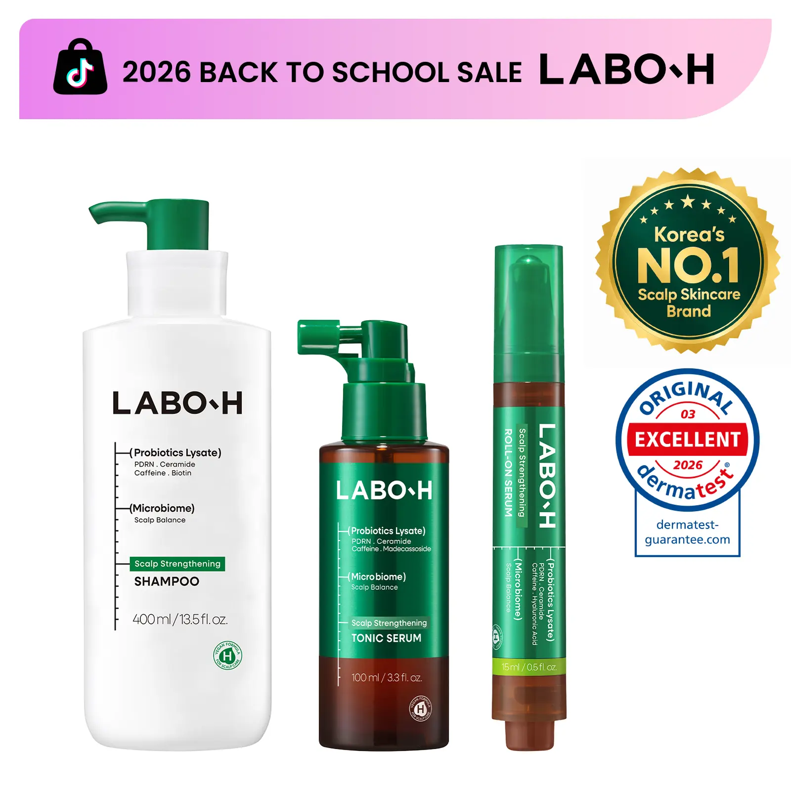 LABO-H Hair Growth Synergy Trio, Without Silicones | PDRN Shampoo, Cooling Scalp Tonic & Roll-On Serum | Korean Haircare