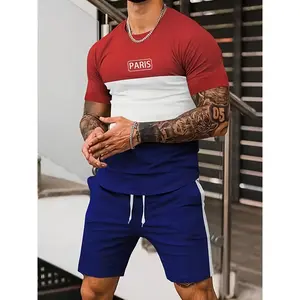 Plus Size Men's Contrast Color "King" Graphic Print T-shirt & Shorts Set for Workout/outdoor, Trendy Oversized Loose Fit 2pcs Tracksuit for Big & Tall Males, Men's Clothing, PLUS SIZE