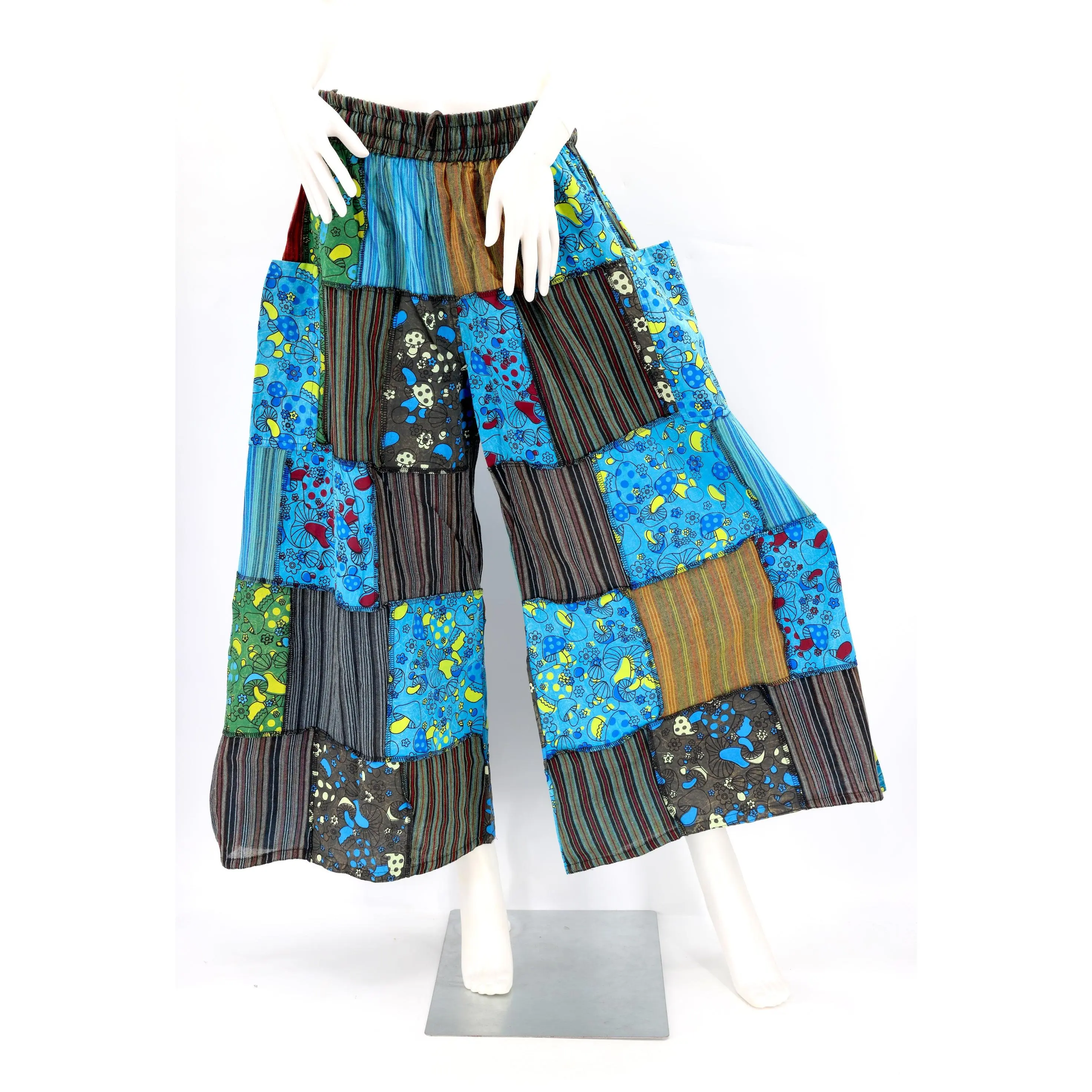 Cotton Hippie Handmade Harem Overlock Mushroom Design Patchwork Wide Leg Bohemian Pants Women's Comfortable
