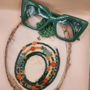 Green and Orange Removable Waist Beads - Green Glass Beads with Orange and Gold Accents, Ideal for Fashion Accessories