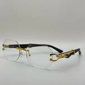 Luxury Rimless Clear Lens Hexagonal Eyeglasses with Gold Panther Detail - Stylish Unisex Designer Glasses