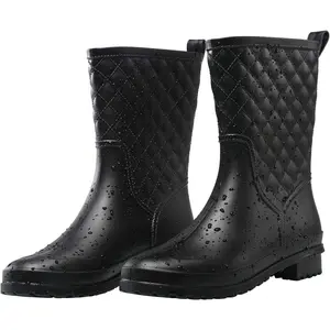 Women Rain Boots Black Waterproof Mid Calf Lightweight Cute Booties Fashion Out Work Comfortable Garden Shoes