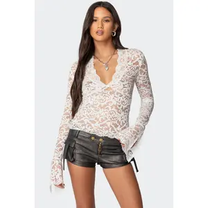 Sheer Lace Bell Sleeve Top