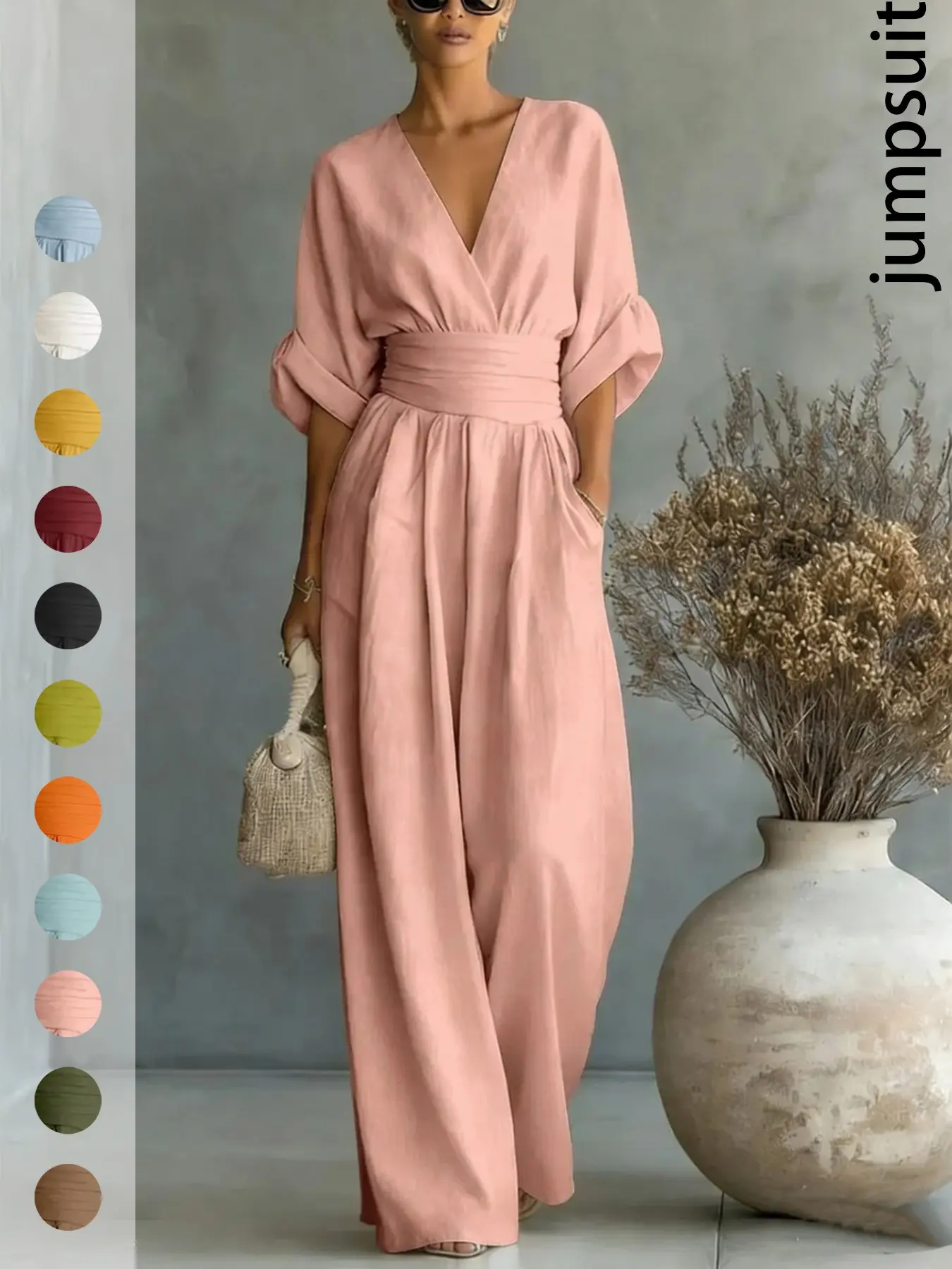 Elegant V-Neck Linen Blend Wide Leg Jumpsuit, Casual Batwing Sleeve High Waist Jumpsuit, Chic Tailored Fit Women's Fashion Jumpsuit