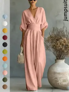 Elegant V-Neck Linen Blend Wide Leg Jumpsuit, Batwing Sleeve High Waist Jumpsuit, Chic Tailored Fit Casual Women's Fashion Jumpsuit