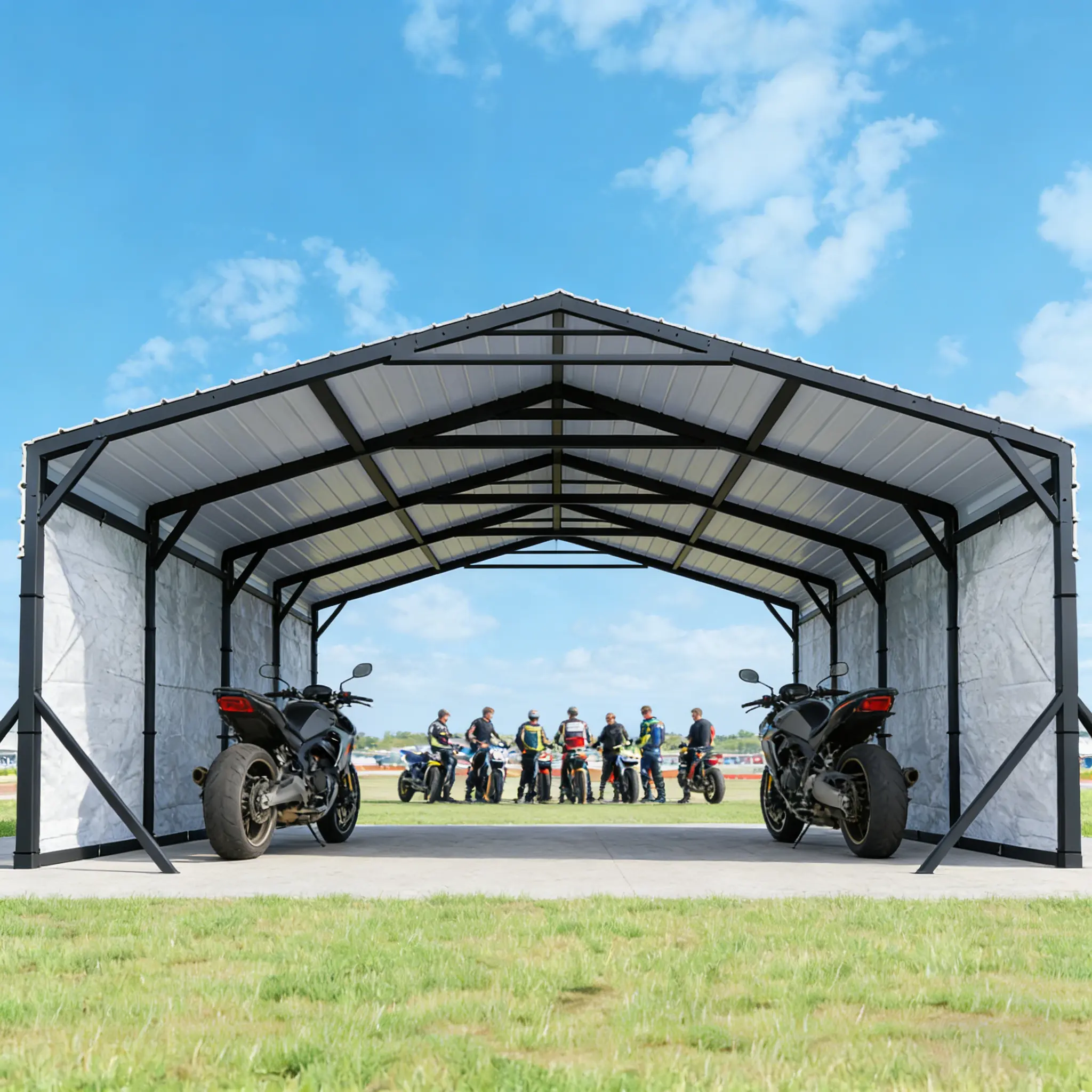 20×20/20×30/20×40FT Metal Carport Canopy, All-Weather Outdoor Shelter With PU Fabric Cover, Gray Single-Package Design, Ideal For Trucks, Boats & Outdoor Events