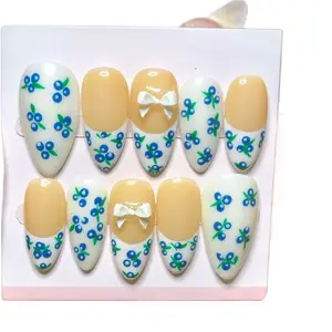 Stylish Acrylic Press-On Nails - Hand-Painted Blueberry Design, 3-D Bow Accents, Cottage Core Style, Nail Polish, Manicure Cosmetic Polish french tip