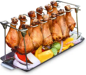 Chicken Leg Rack for Grill with Drip Tray - Easy to Use 12 Slots Chicken Wing Rack - Premium Stainless Steel Chicken Drumstick Rack for Smoker - Chicken Drumstick Holder for Grill Accessories
