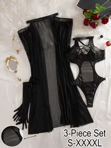 Mesh Artificial Leather Bodysuit 3-Piece Set, Includes Skirt and Gloves, Perfect for Role Play and Late Night Party, Womenswear