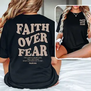 Faith Over Fear Christian T-Shirt for Women – Casual Drop Shoulder Graphic Tee with Bible Verse | Inspirational Summer Top, Modest Streetwear Outfit