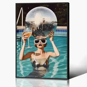 Unframed Trendy Disco Wall Art, Funky Girl Hold Disco Ball Room Aesthetic Poster, Summer Blue Pictures Bar Cart Decor , Girly Dorm Bedroom