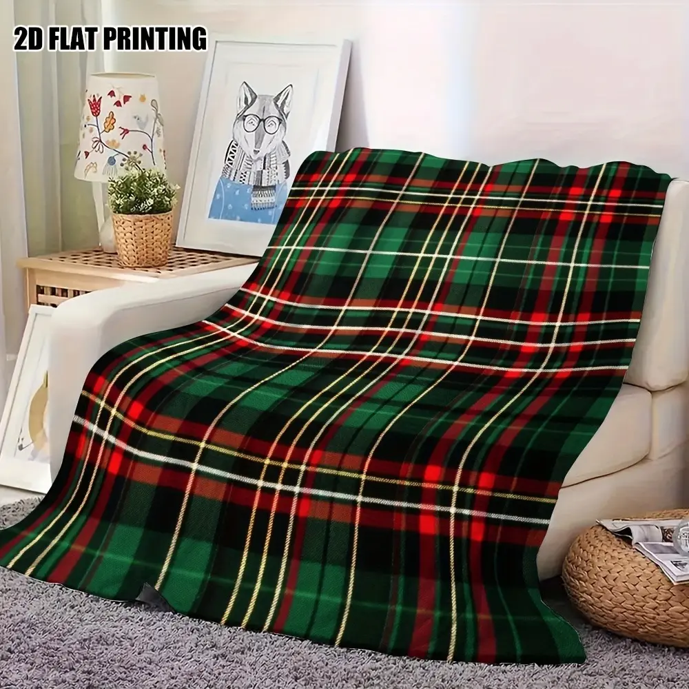 Tartan Pattern Flannel Blanket, Classic Green Plaid Flannel Blanket,Ideal for Home Decor, Snug & Warm All-Season Use.