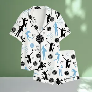 Volleyball Short Sleeve Satin Pajama Set #PersonalizedPjs #BambooPajamas #MatchingSets #VintageVibe #PajamaCore