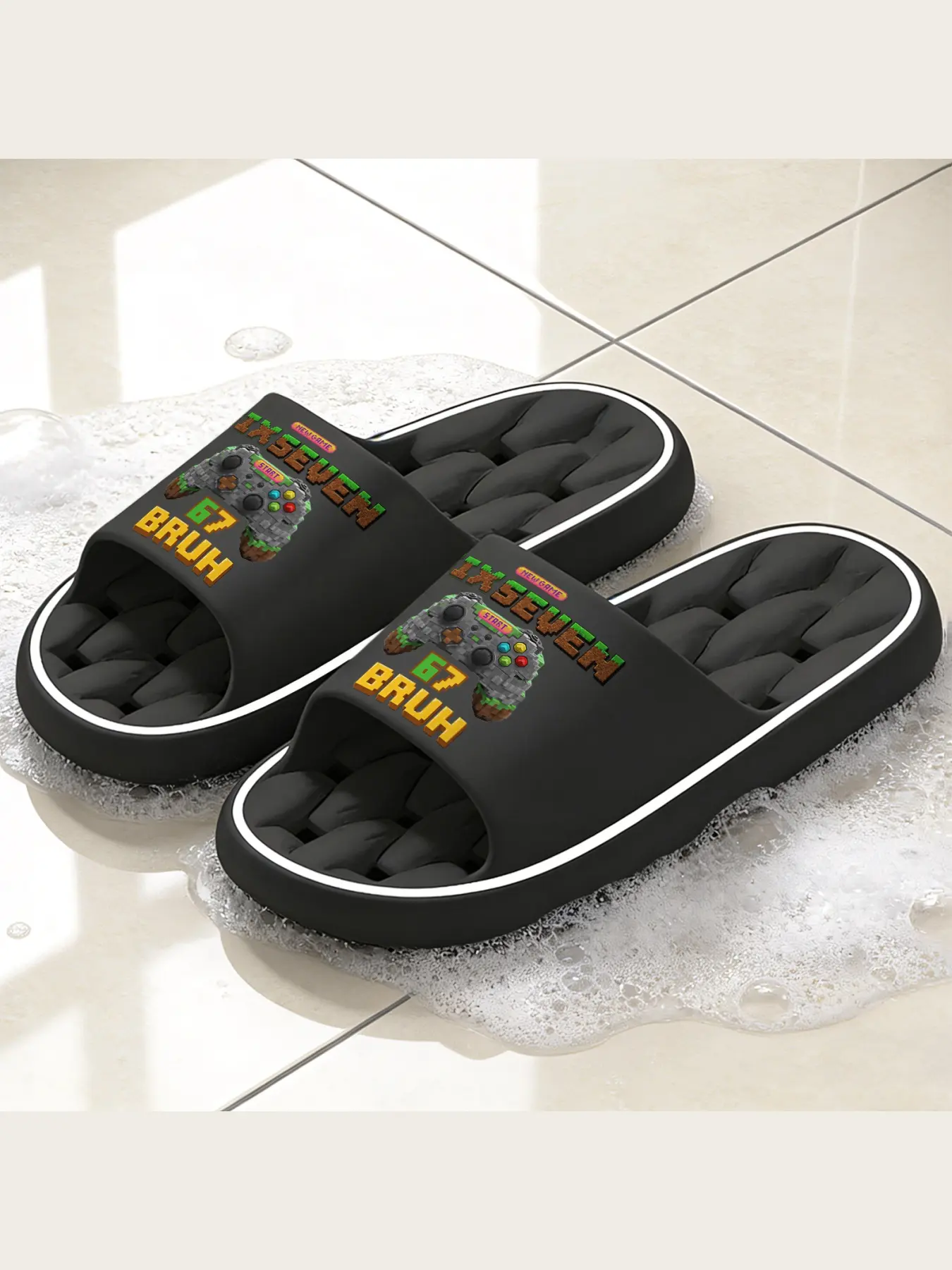 Minecraft Style Pixel Art Cloud Slippers for All Ages, Six Seven Bruh 67 Game Theories Non Slip Soft Plush House Slides, Casual Cozy Indoor Outdoor Open Toe Slippers for Gaming Lovers, Breathable Lightweight Footwear for Men Women