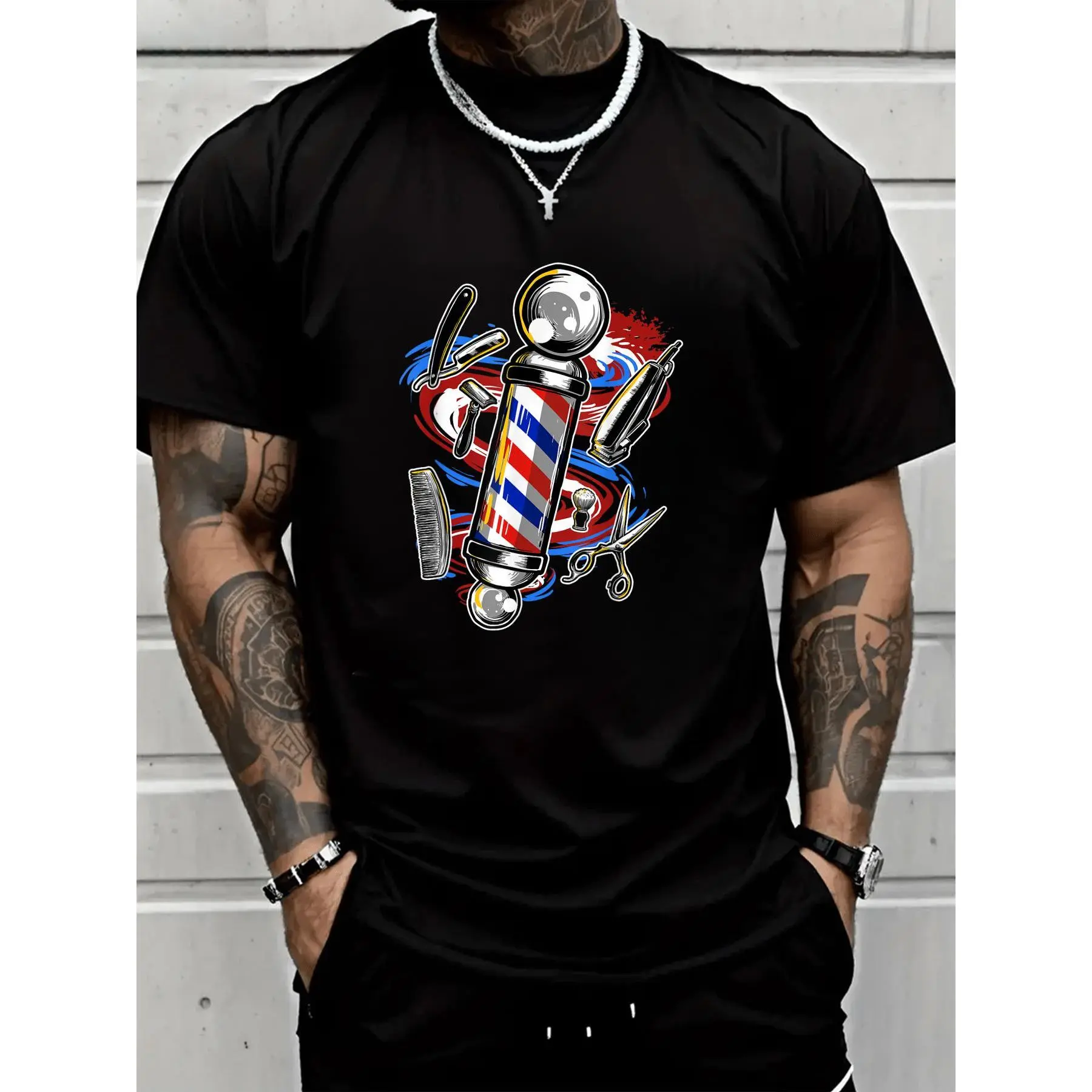 Men's 100% Cotton Unisex Barber Barbershop Casual Short-Sleeve Round Neck T-Shirt - Breathable, Comfortable, Loose Essential Top for Spring, Summer, Tshirt