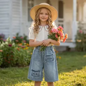 Girls Cute Cat Patch Denim Shorts - Elastic Waist Light Wash Wide Leg Jean Shorts for Kids 7-16Y