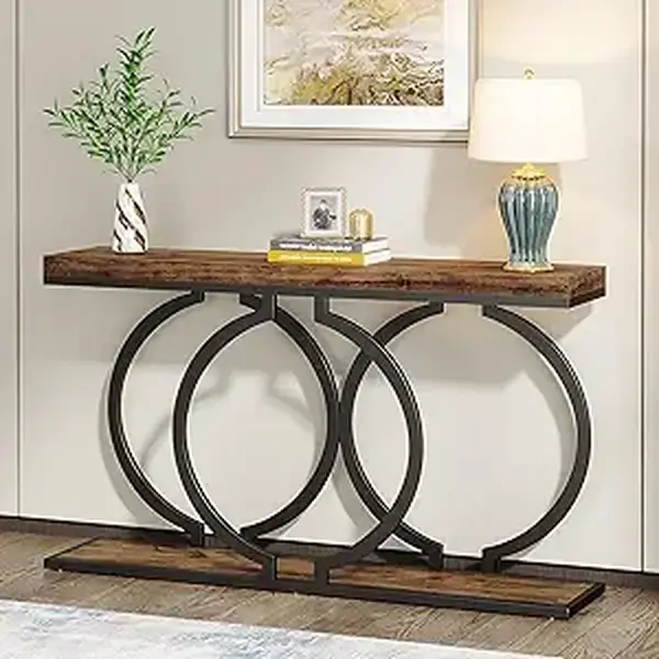 【New Arrival】Tribesigns Industrial Console Table, 55 inch Wood Entryway Table Narrow Long Sofa Table, Rustic Accent Table for Living Room, Entrance Table Geometric Metal Frame, Rustic Brown
