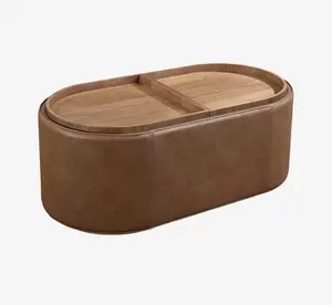 Modern Oval Leather Storage Ottoman Coffee Table with Removable Walnut Trays