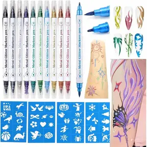 Temporary Tattoo Markers for Skin, 10 Body Markers Make Bold and Fine Lines, Cosmetic Quality + Tattoo Stencils for Kids and Adults, Dual-End Tattoo Pens for Body & Face Art, Halloween Makeup Kit