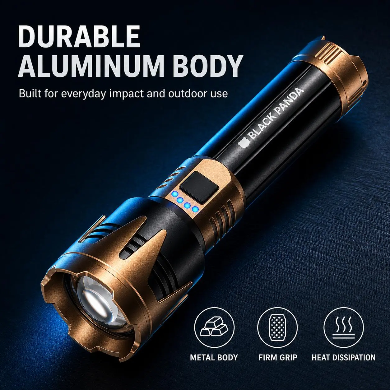 BLACK PANDA 525X Portable Rechargeable LED Flashlight, Adjustable-Focus Handheld Torch with Reversible Crown Head, 5 Light Modes, USB-C Charging and Battery Indicator for Camping, Power Outages, Car, Home and Emergency Use