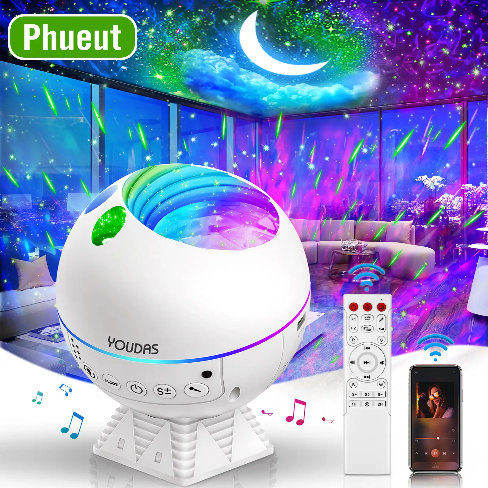Phueut Star Projector, Aurora Projector with Moon Lamp, LED Nebula Projector, Bluetooth Speaker, 43 HD Colors for Kids, Adults & Room Decor