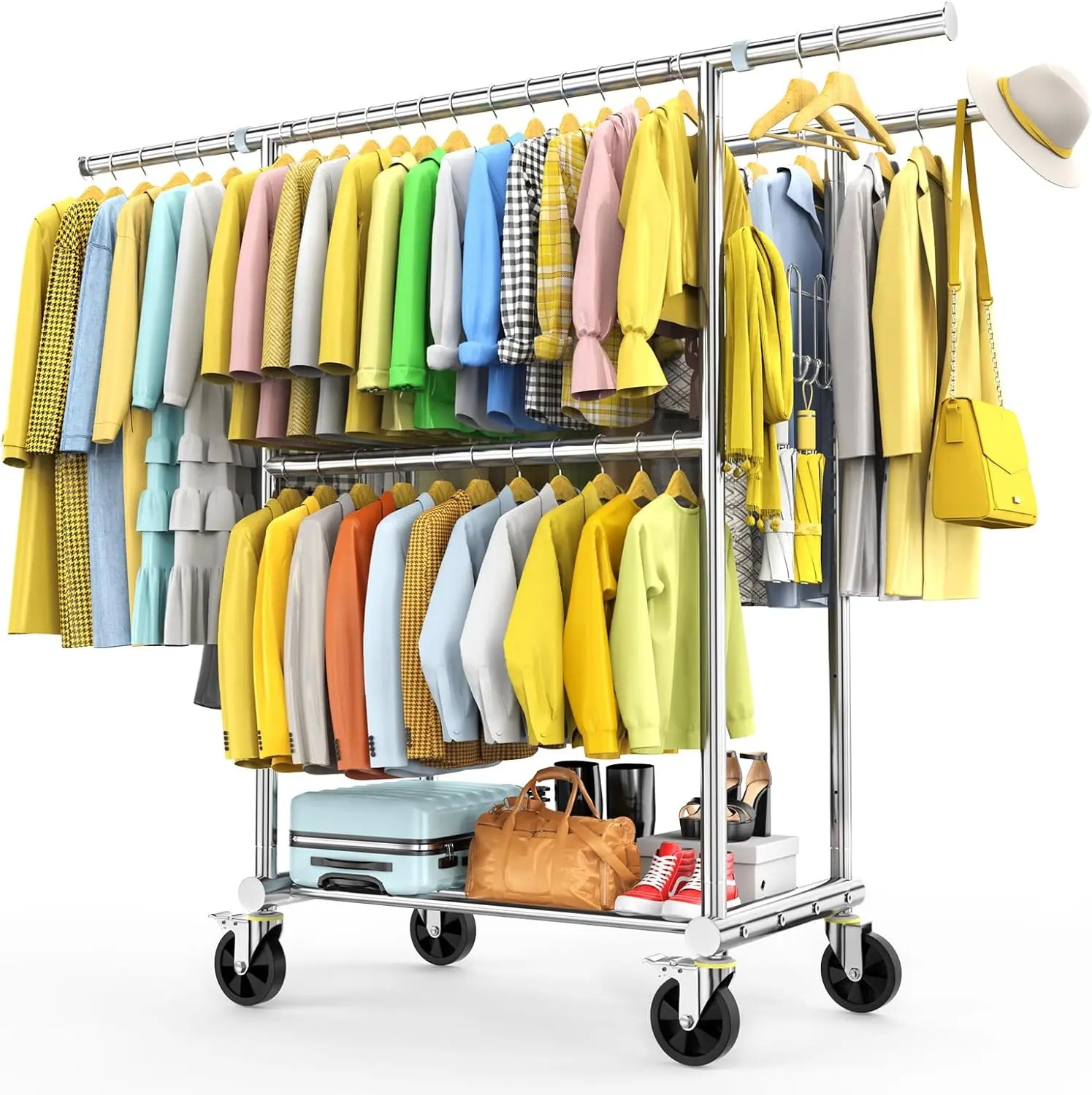 Fybee 100% Stainless Steel Heavy Duty Clothes Rack Load 960LBS Three Rods Extendable Rolling Garment Rack with Sturdy Wheels Shelves Hooks Portable Closet Wardrobe Organizer
