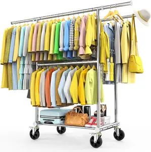 Fybee 100% Stainless Steel Heavy Duty Clothes Rack Load 960LBS Three Rods Extendable Rolling Garment Rack with Sturdy Wheels Shelves Hooks Portable Closet Wardrobe Organizer