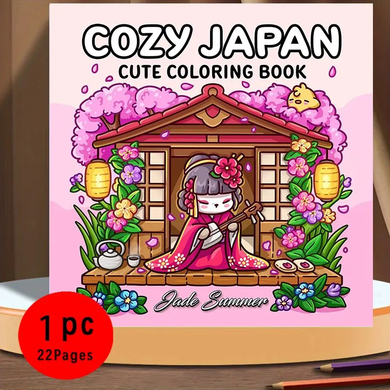 Cozy Japan Kawaii Coloring Book, Illustrated, for Adults & Kids, 22 Easy Coloring Pages, 120gsm Thick Paper No Bleed Through, Smooth Coloring, Odorless, Japanese Aesthetic Stress Relief Coloring Book, Cute Anime Japan Gift for Japan Lovers