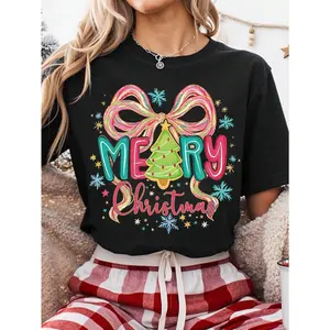 Colorful Christmas "Merry" Print Casual  T-Shirt