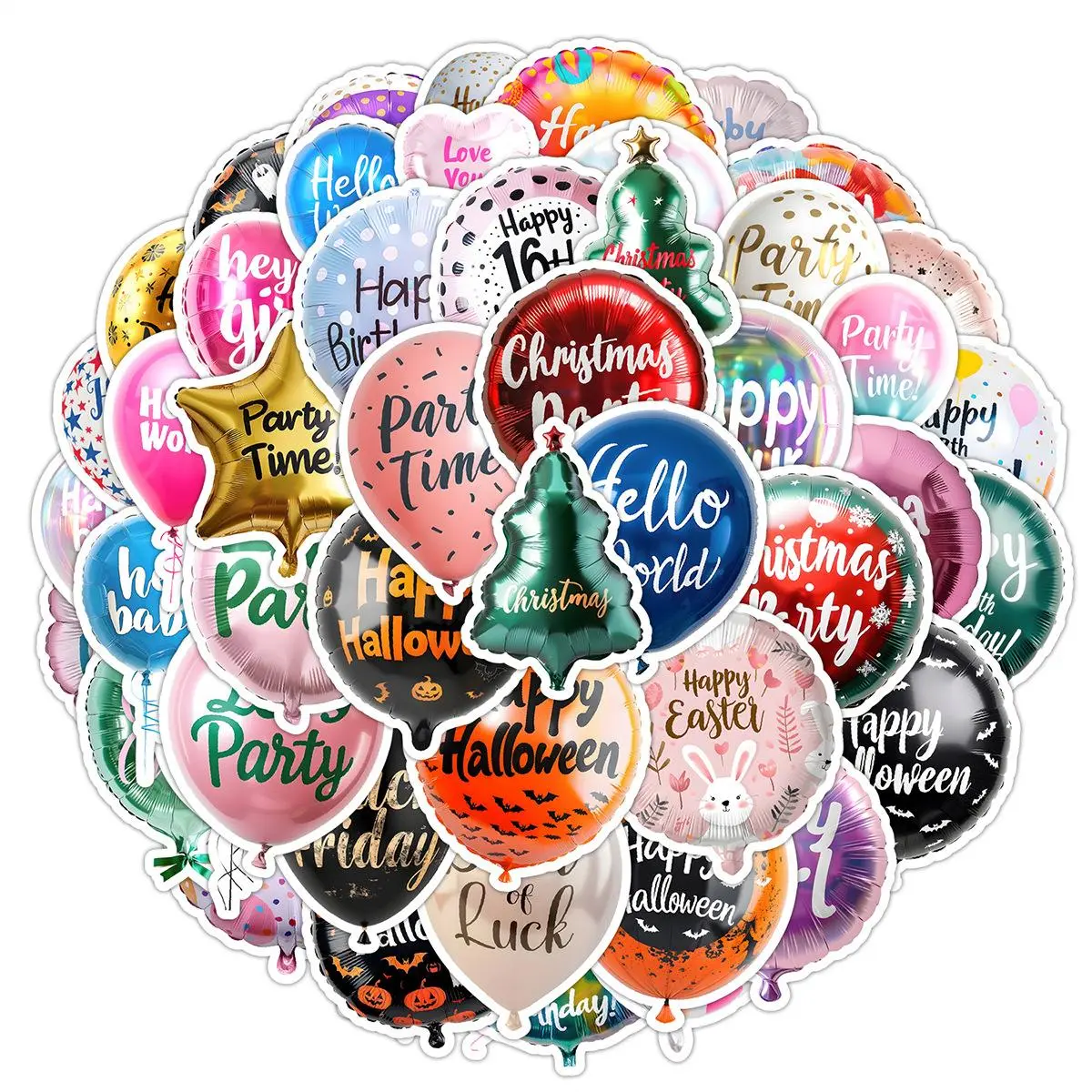 Party Balloon Series Sticker, 50pcs/set Colorful Happy Holiday Themed Decorative Sticker, DIY Decals for Scrapbooking, Journaling, Gift Wrapping