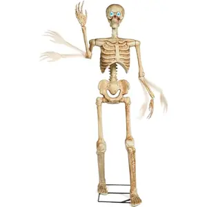 60" Halloween Animatronics Skeleton Decor with Light-Up Eyes, Creepy Sound, Movable Head and Arms Life Size Animated Decorations Haunted House Props for Outdoor Indoor Yard Patio Lawn