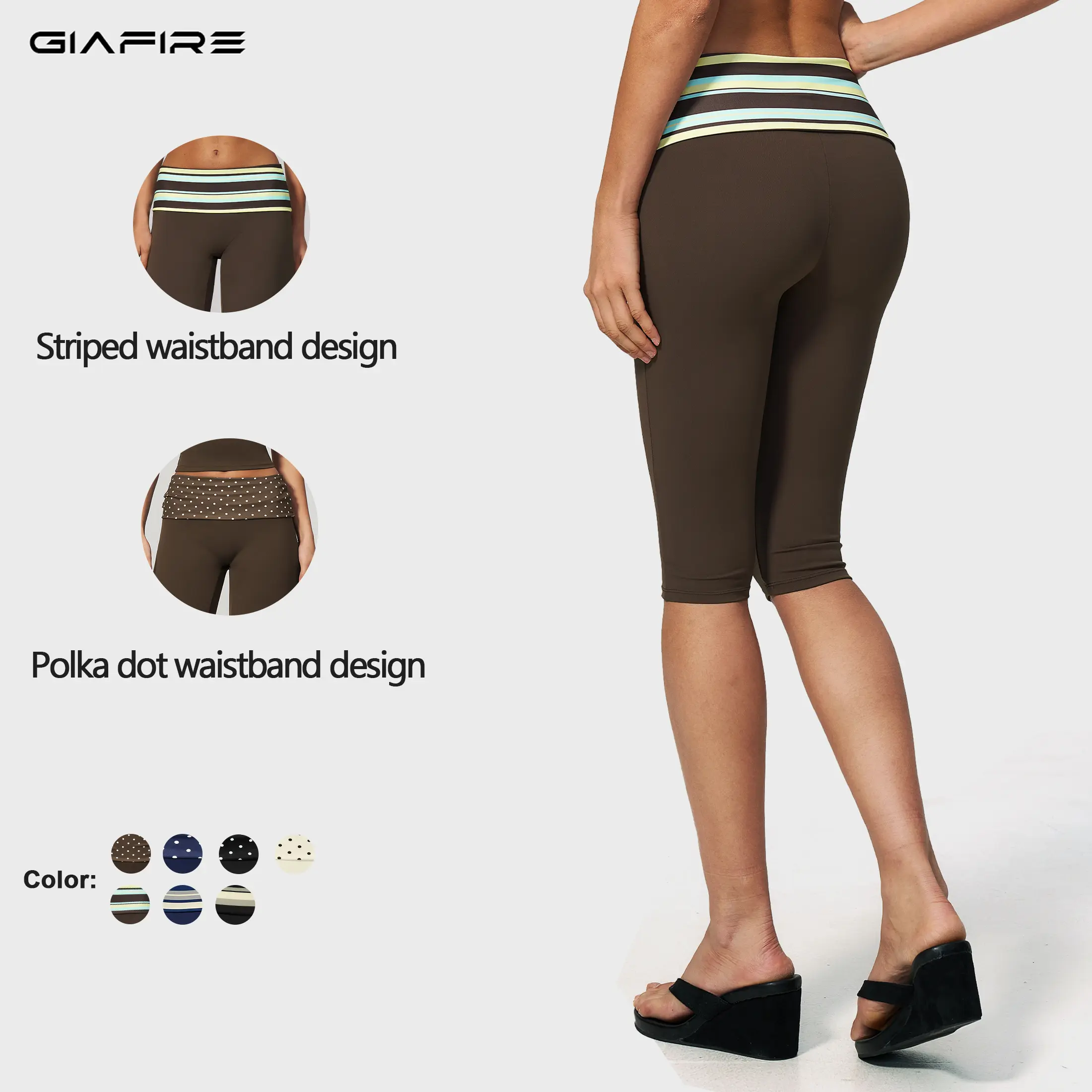 GIAFIRE Women's Fold-over Waist Capri Yoga Pants Available in stylish striped or polka dot waistband options. High-waisted butt-lifting tummy control flare workout pants with ultra stretch fabric, great for Pilates, gym, casual daily looks and commuting.