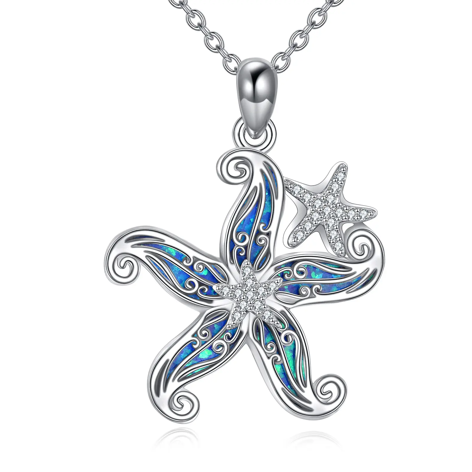 Women's S925 Sterling Silver Ocean-Themed Starfish Necklace with Opal-Like Gems, Coastal Chic Outfit Accessory, Large Size Multi-Use Ocean Jewelry Gift, Multiple Uses