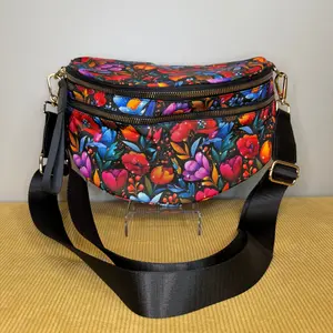 The Roni Nylon Bum Bag Crossbody - Floral Bright Red Blue on Black