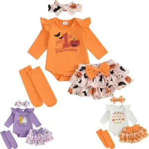 REDWOON Baby Girl Halloween Outfits 1st Letter Romper+Tutu Bloomer Shorts+Headband Infant Newborn First Halloween Outfit