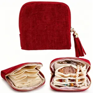 Women's Modern Rectangle Small Travel Jewelry Case - 6-Layer Velvet Roll Organizer with Tassel Zipper, Anti-Tangle Storage for Rings, Earrings, Bracelets, Necklaces, Ideal for Travel, Gifts