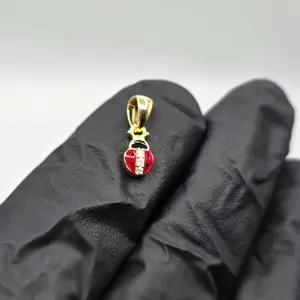 Moissanite Ladybug Pendant - 925 Sterling Silver with Gold Vermeil - Red Enamel