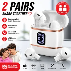 4 Earbuds (2 Pairs) Wireless Earbuds LED Display Bluetooth 5.4, HiFi Bass, Clear Calls, Shareable for Couples, Gym & Travel