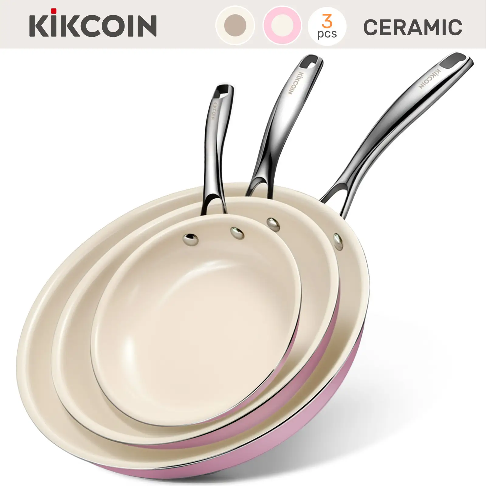 [Clearance-The Last Chance]Kikcoin Non-Toxic Nonstick Ceramic 3Pcs Durable Cooking Pan Set with Stainless Steel Handle,Cookware Cooking Pots Sets,Home