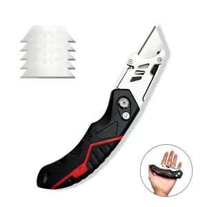 Hand Tools Hardware  Heav y-Duty Folding Utility Knife - Retractable Safety Box Cutter with 5 Extra Blades, Belt Clip & Anti-Slip Grip for Cardboard, Packaging, and DIY Projects