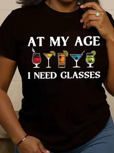 As For My Age, I Need Glasses Print T-Shirt, Casual Round Neck Short Sleeve T-Shirt, Women Spring/Summer Clothing Graphic Tees Women Tops