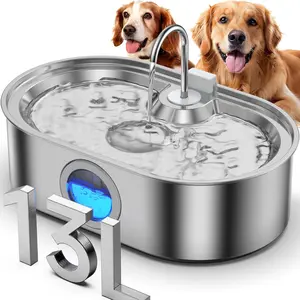 3.4 Gallon Large Dog Water Fountain, 13 Liter Stainless Steel Large Pet Water Fountain, Deeper and Wider Drinking Area, Automatic Dog Water Bowl Dispenser with Water Level Window and LED Light, Ultra Quiet